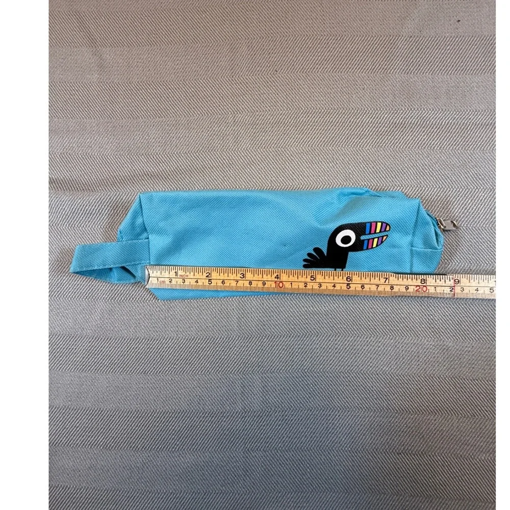Set of 2 Canvas Toucan Pencil Pouches Green & Blue Zipper Travel Bags 2371